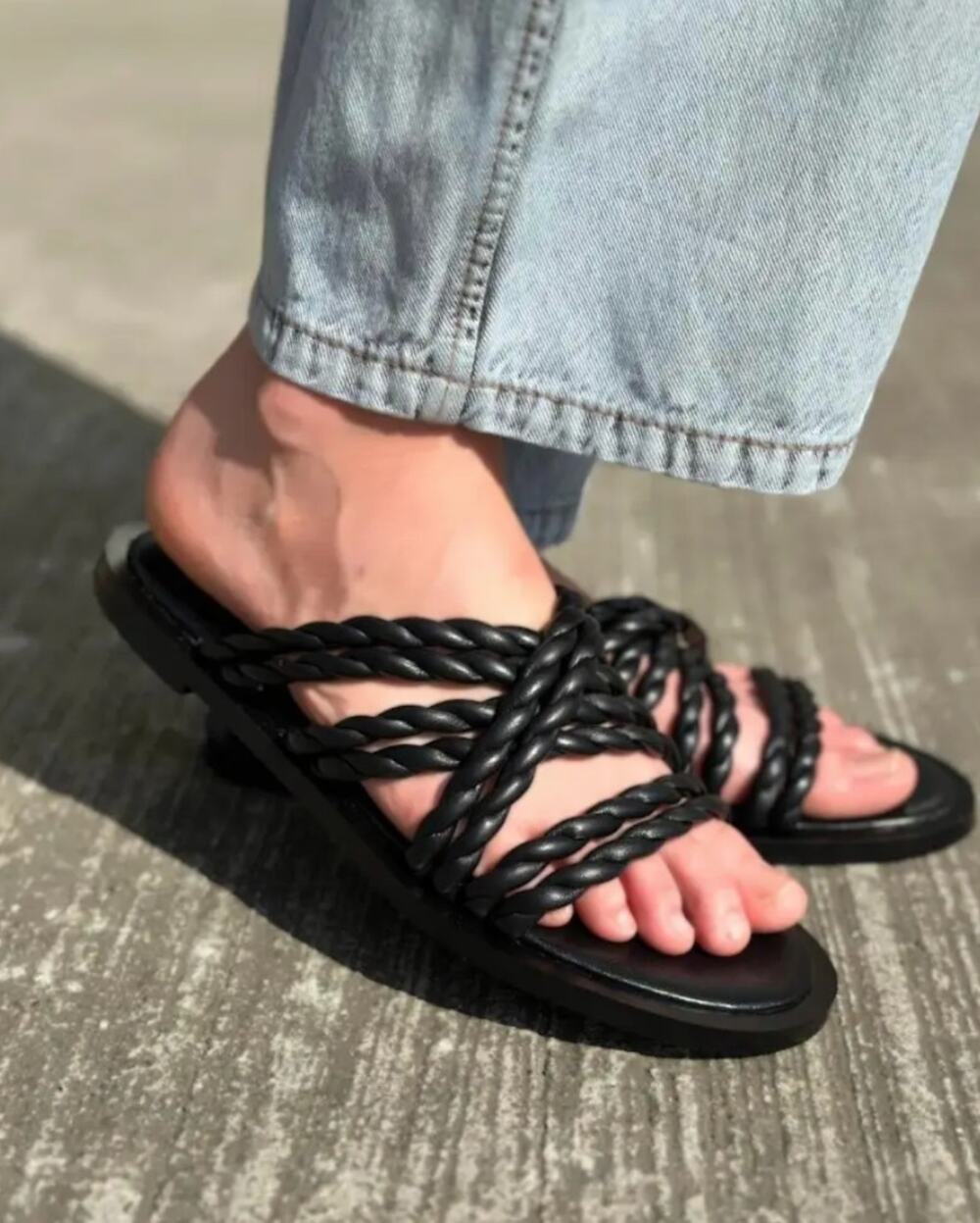 Massimo Dutti Braided Flat Leather Sandal EU 41 Womens Slide Black High Quality